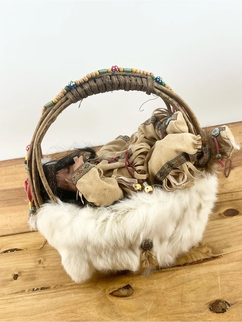 Indian Doll White Fur Basket Bag with Beaded Handle Baby In Tassels